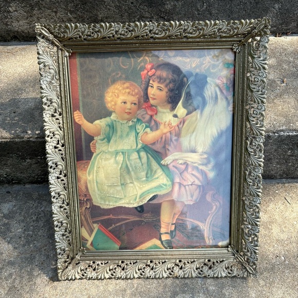 14X17 Gold Toned Metal Frame w/ Glass Litho Print 2 Victorian Girls Collie Dog - Picture 1 of 7